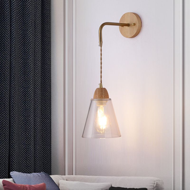 Modern Glass Wall Light Geometric Shape Wall Sconce with Wood for Living Room