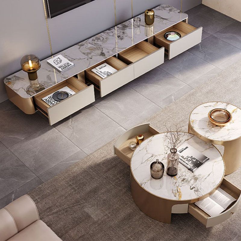 4 Drawers Stone TV Console Glam Media Console with Metal Legs