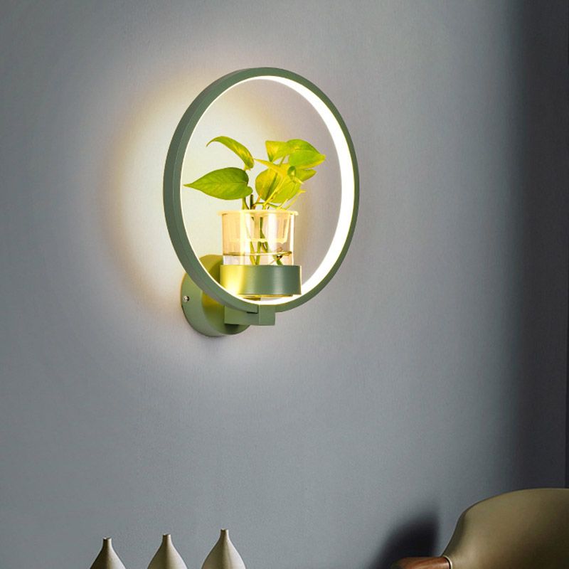 1 Head Metal Sconce Lighting Fixture Antique Black/Grey/White Circular Bedroom Wall Mount Light with Plant Cup