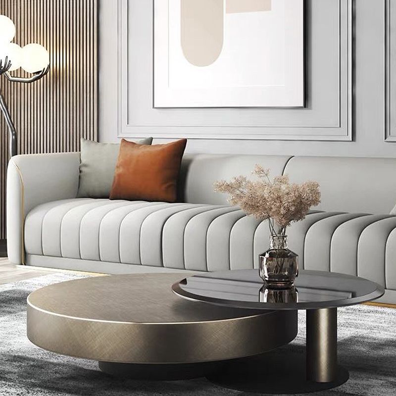 Block Base Design Cocktail Table Gold Metal Top Black Base Round Coffee Table