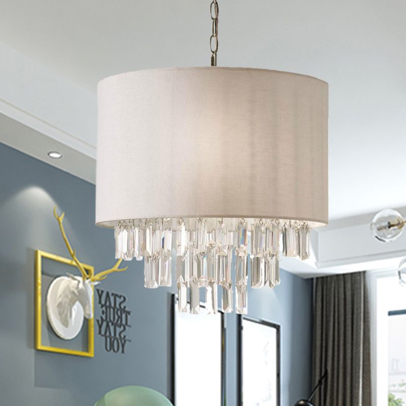 Rectangular-Cut Crystal Drum Hanging Chandelier Modern 3/4 Lights Beige Ceiling Lamp with Fabric Shade