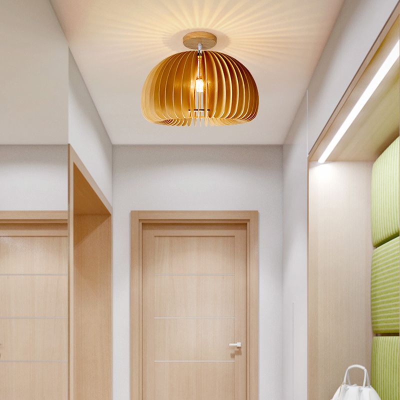 Modern Ceiling Light 1-Light Ceiling Mount Light with Wooden Shade for Bedroom