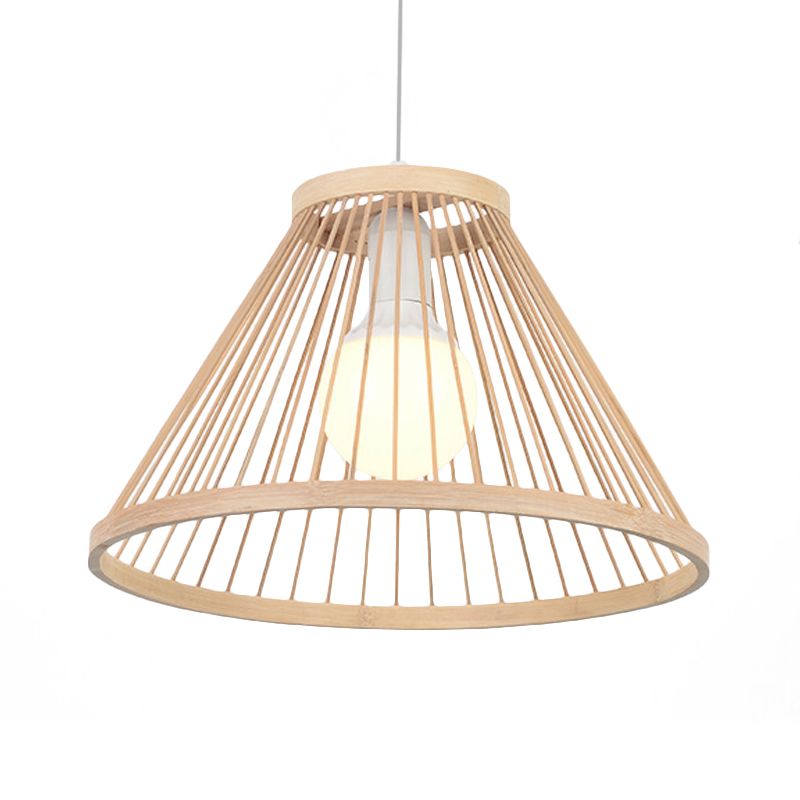Bamboo Conical Shade Pendant Light Fixture Modern Style 1 Bulb Beige Suspension Lamp for Living Room
