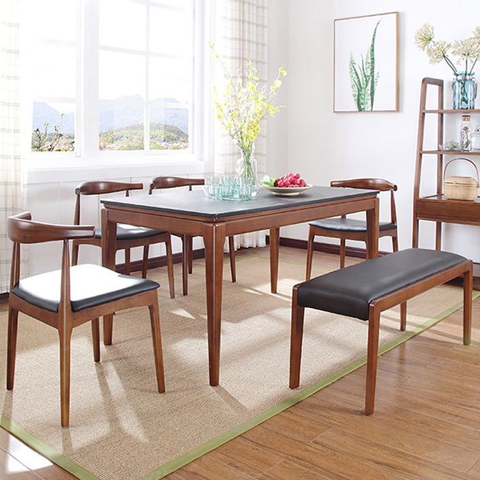 Rectangle Stone Top Table Mid-Century Modern Dining Table with 4 Wood Legs