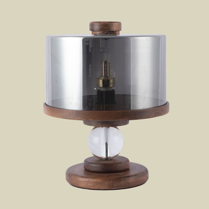 Black Glass Drum Table Lighting Modern Single Light Brown Wood Night Lamp for Living Room