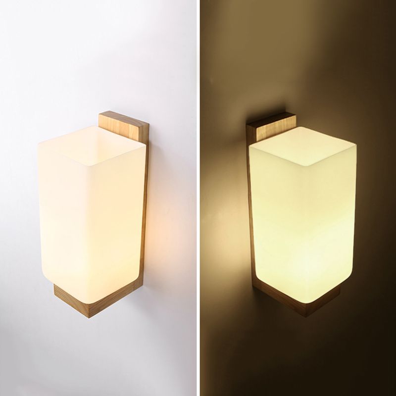 Log Color Rectangular Wall Sconce in Modern Concise Style Wooden 1-Light Wall Lamp with Glass Shade
