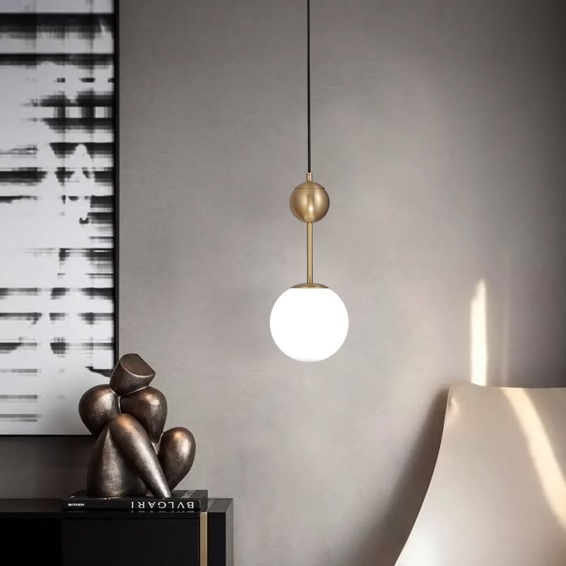 1 Head Bedroom Suspension Light Simple Brass Hanging Pendant with Spherical Milk Glass Shade