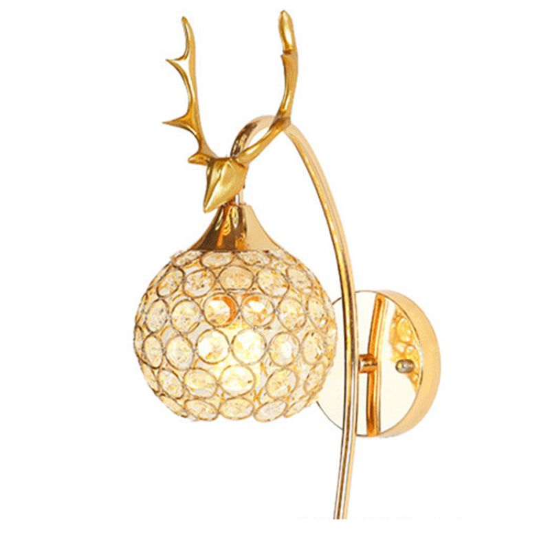 Gold Deer Head Wall Lamp Fixture Minimalist Metal Sconce Light with Ball Crystal Shade