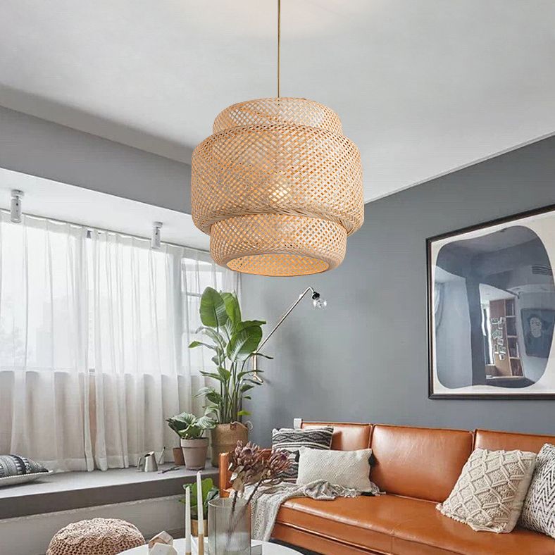 Lantern Bambus Rattan Form Anhänger Hängende Lampe Asien Stil 1 Licht hängende Deckenleuchte für Wohnzimmer