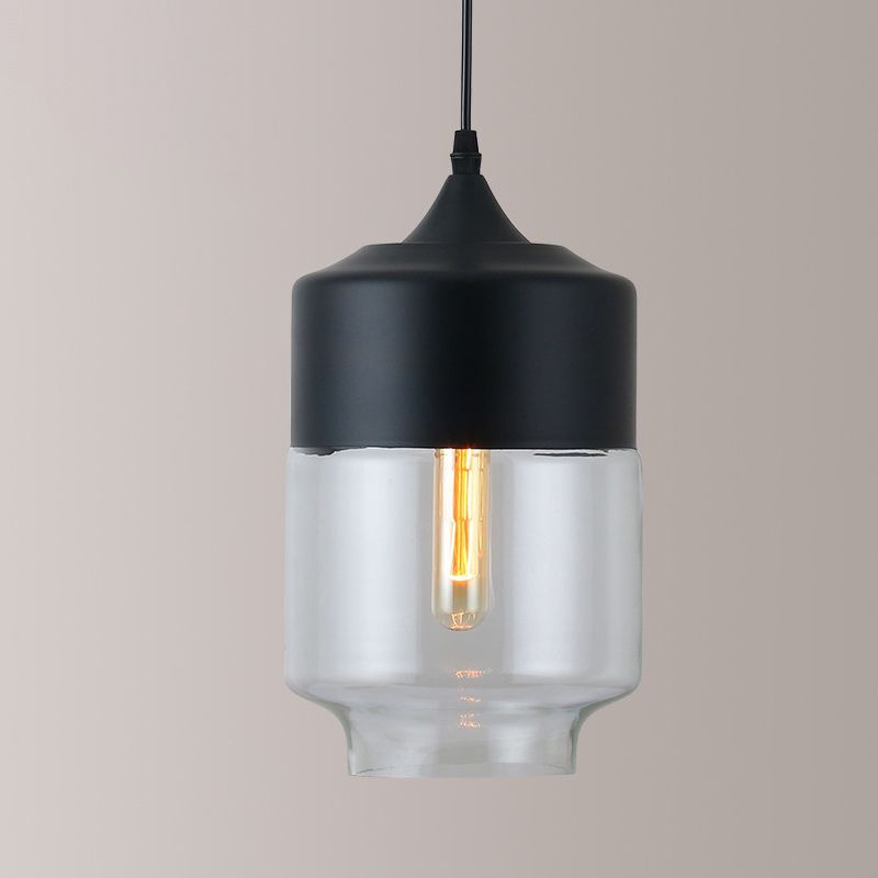 1 Light Restaurant Down Lighting Modern Black Pendant Lamp with Jar Clear Glass Shade