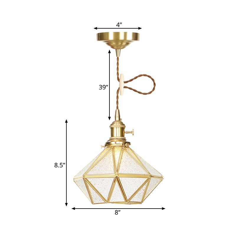 1 Head Pendant Light Traditional Bedside Suspension Lamp with Diamond Clear Water Glass Shade in Gold