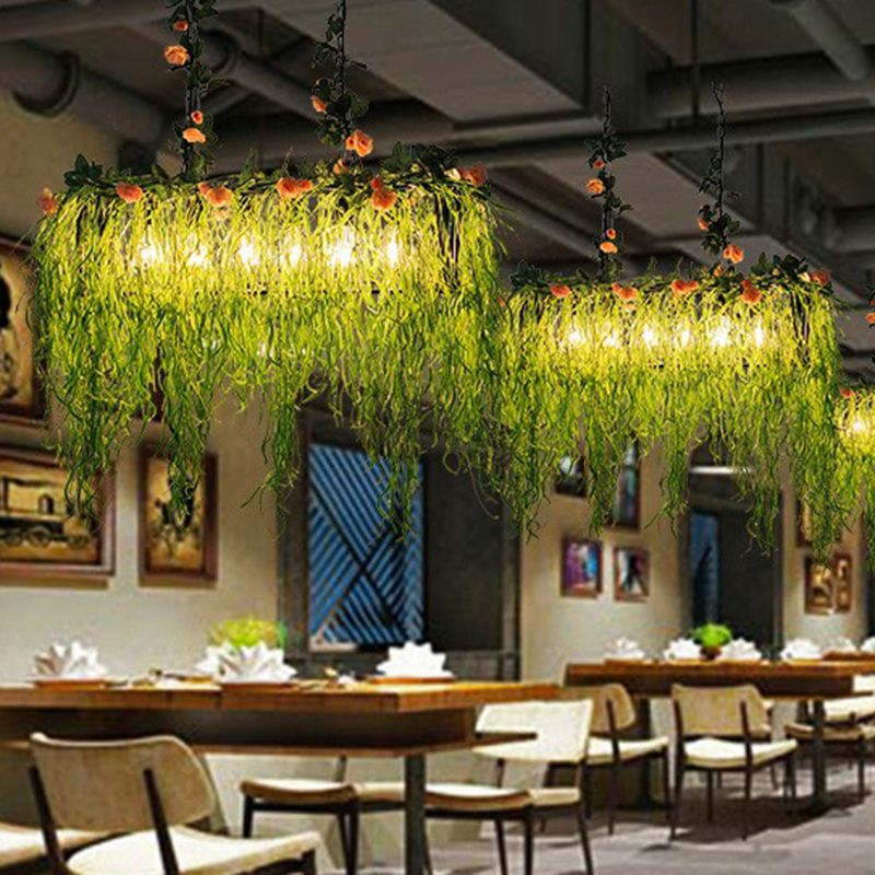 Rectangular Restaurant Pendant Light Fixture Rustic Iron Hanging Island Light with Fake Plant Decoration