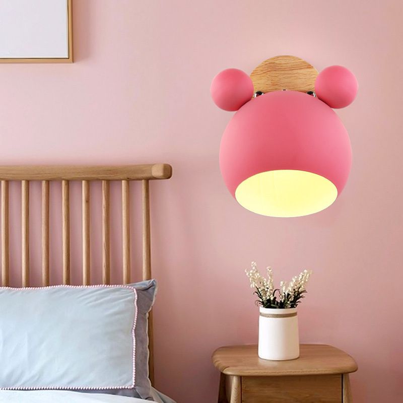 Modern Nordic Macaron Wall Lamp Wooden Globe Wall Light with Wrought Iron Shade