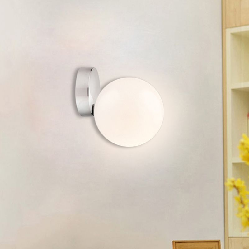 Round Ball Wall Light Sconce Modern Style Milk Glass 6"/8" W 1 Bulb Silver Finish Wall Mounted Lamp for Living Room