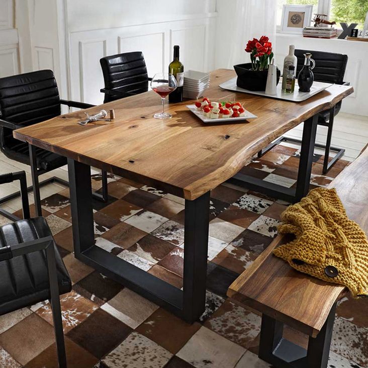 Metal Industrial Rectangle Indoor Table Solid Wood Top Table with Sled Base