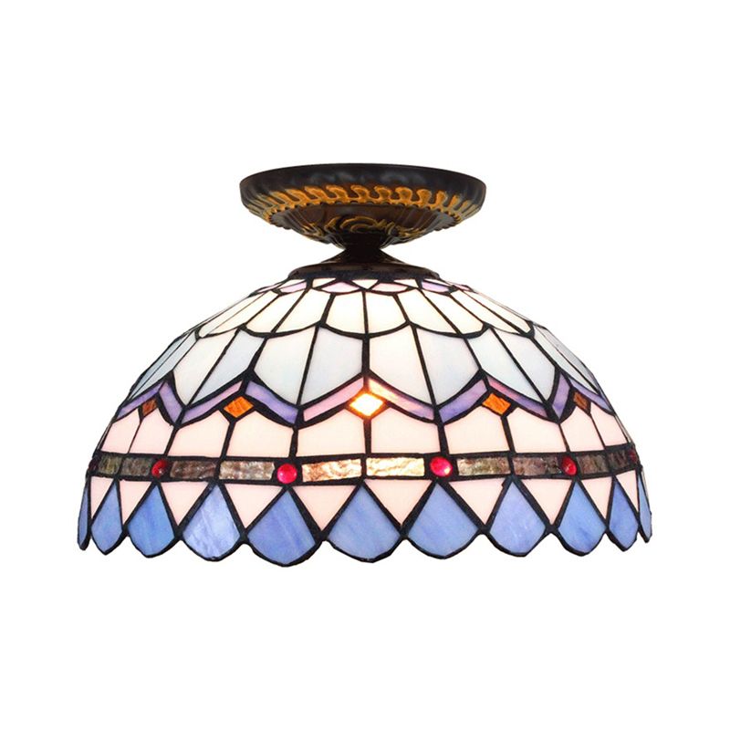 Yellow/Blue 1 Bulb Flush Mount Lighting Tiffany Hand Rolled Art Glass Floral Close to Ceiling Light, 12"/16" W