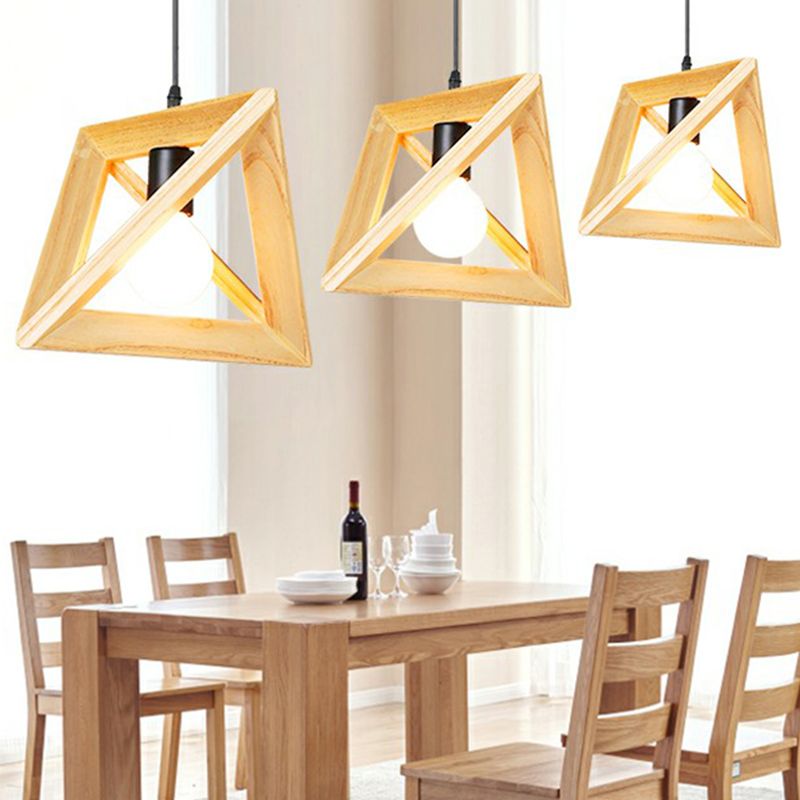 Wooden Geometric Cage Pendant Lamp Novelty Minimalist Single Ceiling Light Fixture for Restaurant