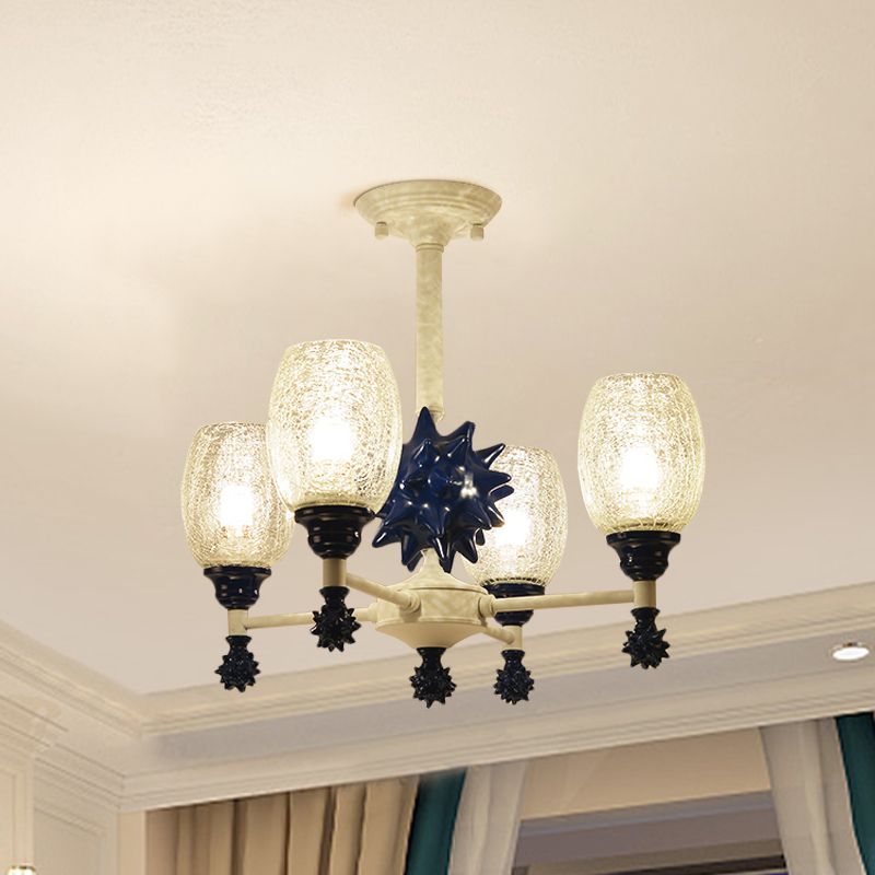 Clear Crackle Glass Cup-Like Pendant Coastal 4-Bulb Gold/Dark Blue Chandelier Lighting with Sea Urchin Design