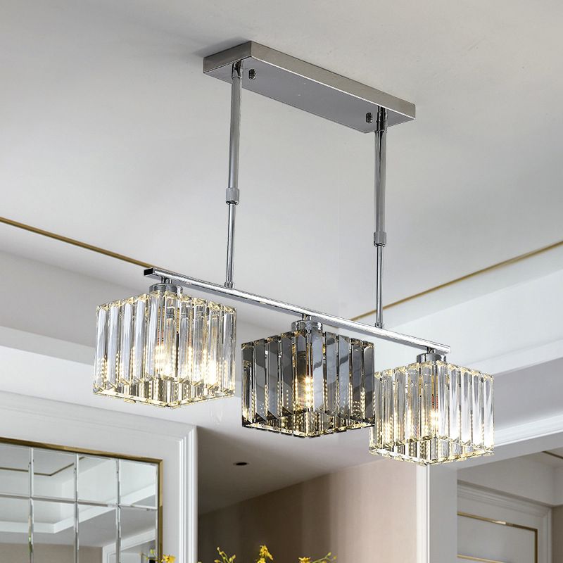 Cube Island Ceiling Light Modernism Crystal Shaded 3/4 Lights Chrome Pendant Light over Table