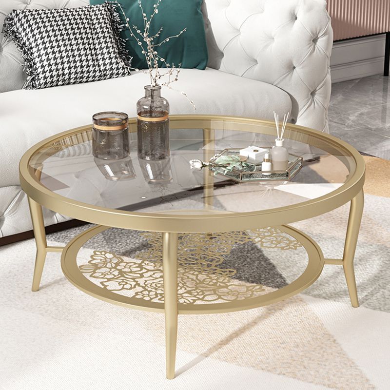 23.6"/17.7"H Modern 4 Legs Steel Base Glass Round Coffee Table with Shelf