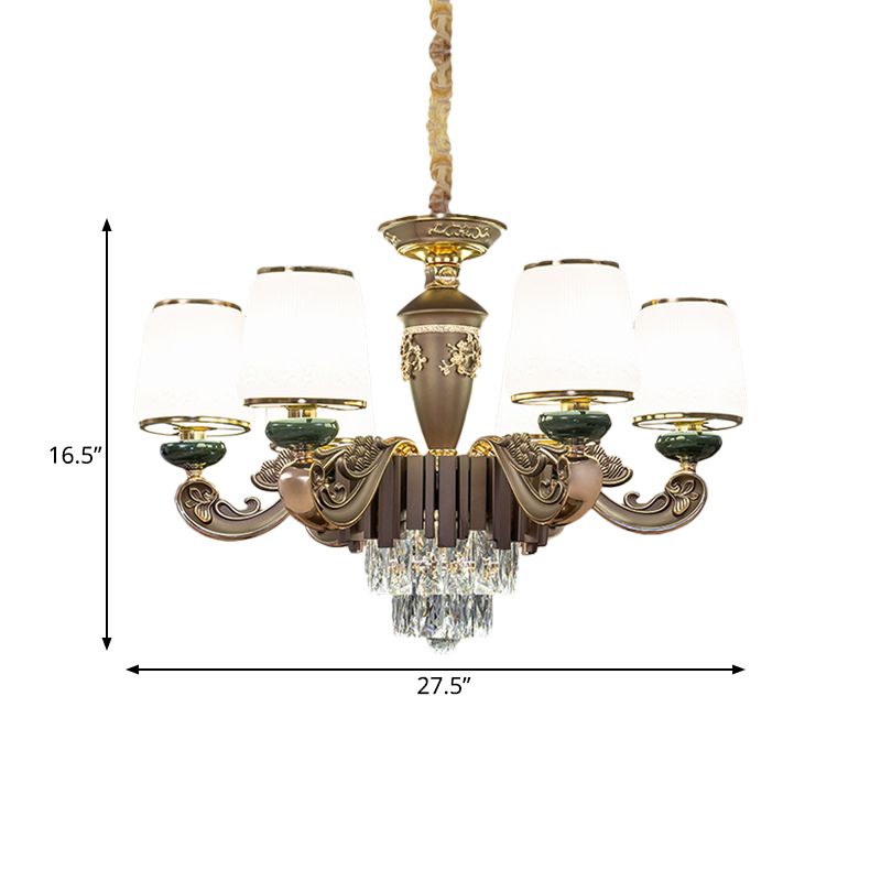 Tapered Opal Glass Chandelier Traditional 6 Heads Dining Room Pendant Light in Brown with K9 Crystal Insert