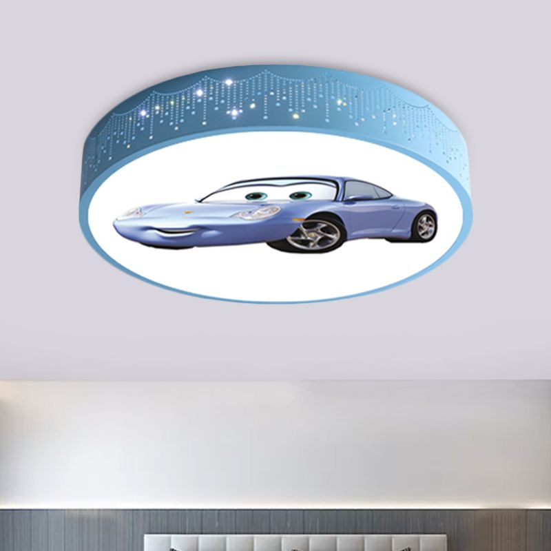 Plafonnier rond à motifs de voiture de dessin animé, éclairage encastré LED en fer pour chambre de garçon en bleu