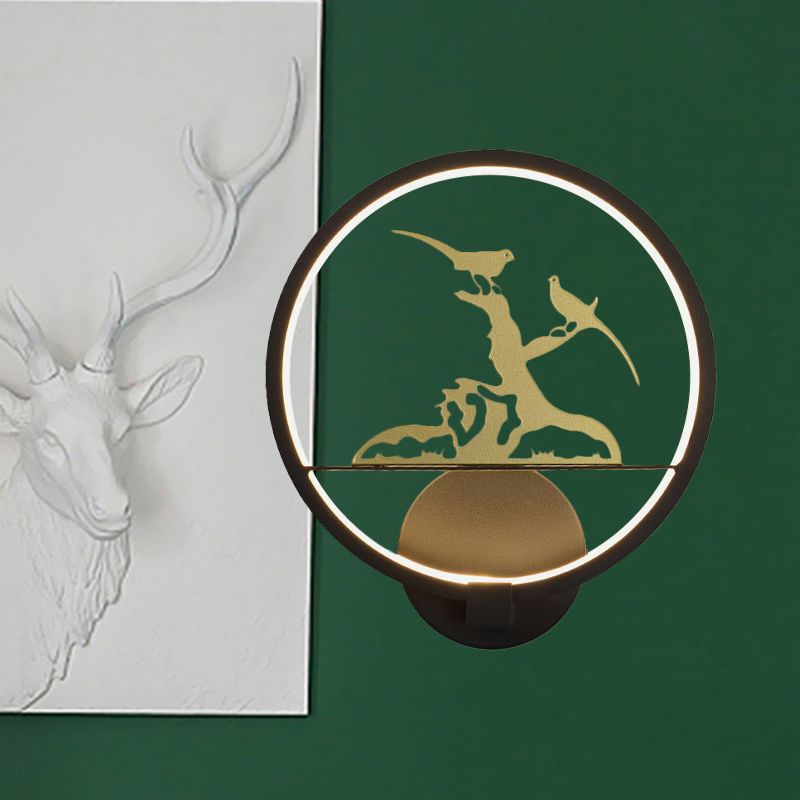 Idée d'éclairage mural à motifs rounds noir de style chinois LED Metal Mural Mural lampe pour chambre à coucher