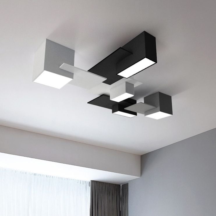 Plafonnier LED noir et blanc en fer de simplicité moderne, plafonnier géométrique avec abat-jour en acrylique