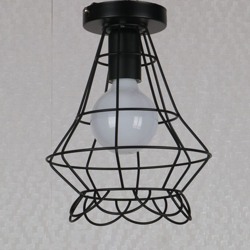 Black 1-Light Semi Flush Ceiling Light in Industrial Vintage Style Wrought Iron Flush Mount with Iron Frame