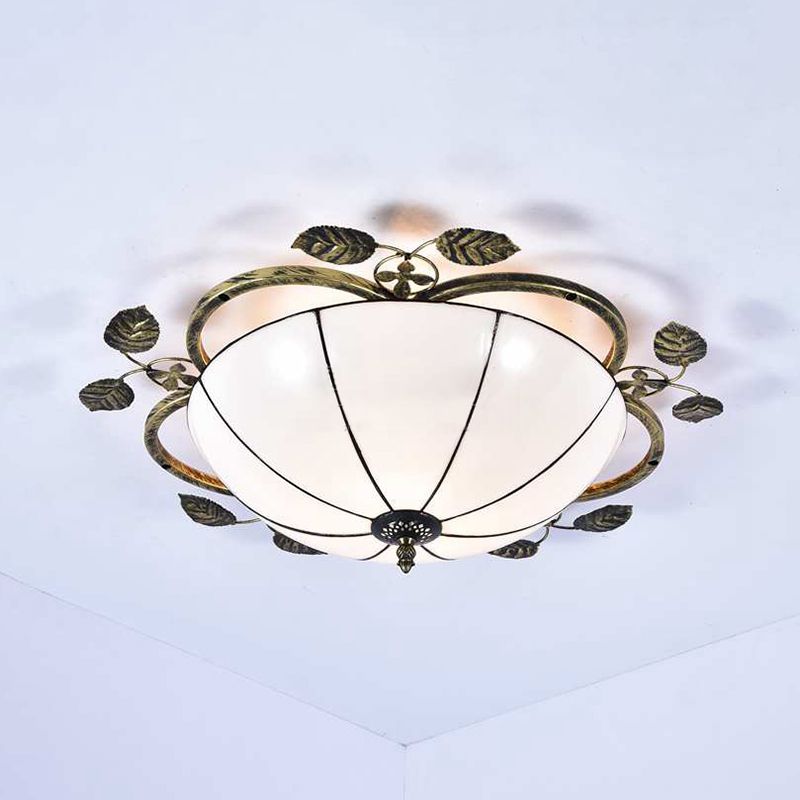 Bowl Flushmount Light Tiffany Stained Glass 3 Bulbs Flush Mount Ceiling Fixture with Leaf Decoration in White/Blue/Green-White/Blue-Green