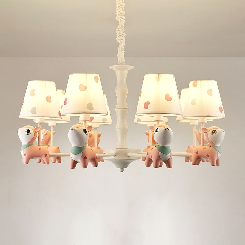Cartoon Empire Shade Suspension Light Patterned Fabric Bedroom Chandelier Light with Resin Deer in Pink