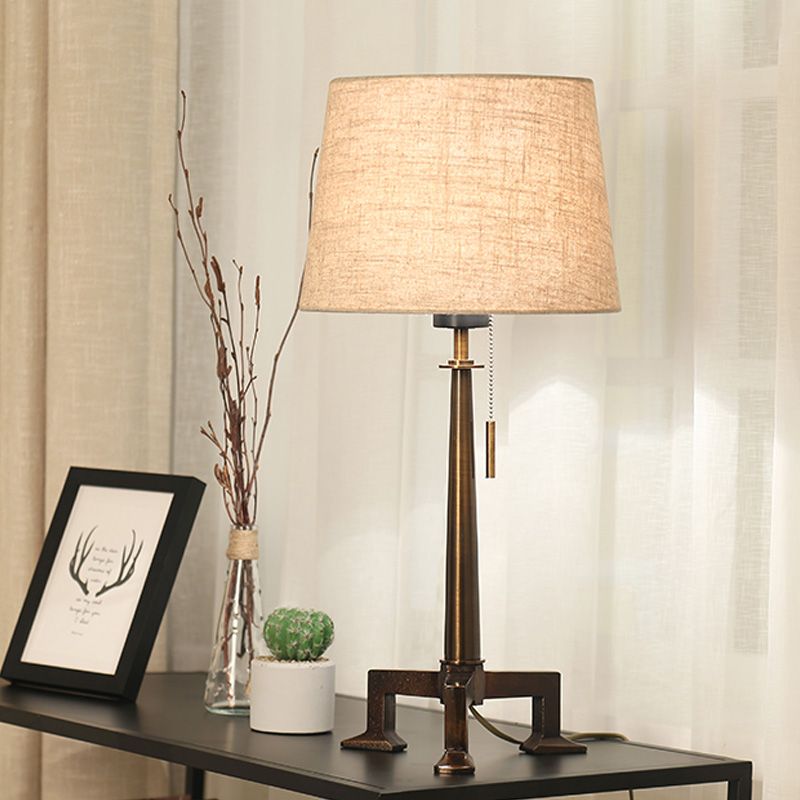 Bronze 1 Bulb Table Lamp Countryside Style Fabric Tapered Shade Desk Light with Pull Chain