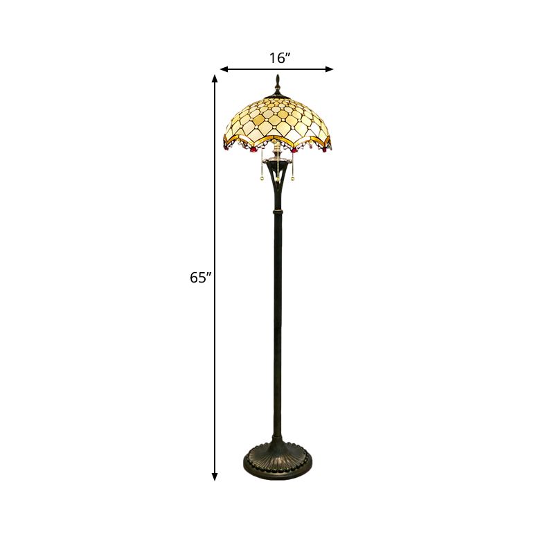 3 Lights Scalloped Reading Floor Lighting Baroque Brass Cut Glass Beaded/Floral Patterned Stand Up Light