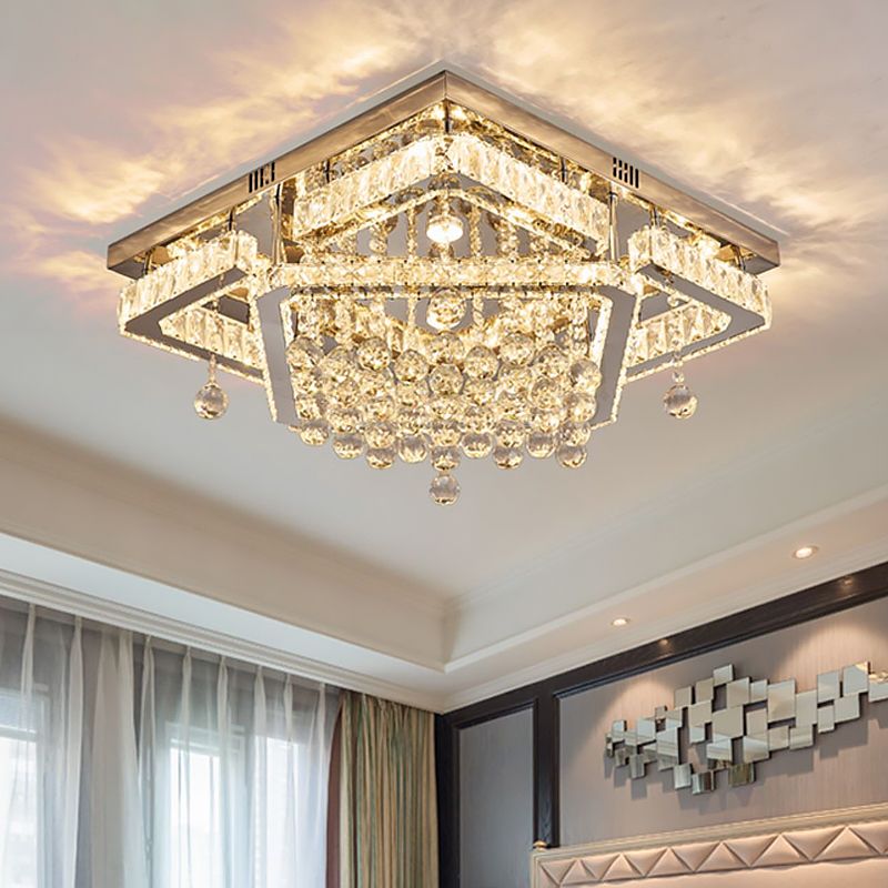 Clear Crystal Square Ceiling Flush Mount Simple LED Flushmount Light in Warm/White Light, 18"/23.5" W
