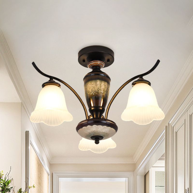 Lampe de plafond en verre blanc floral Vintage 3/6/8 LIGNES RONIAGE DU MONTRE SEMI FUX EN NOIR