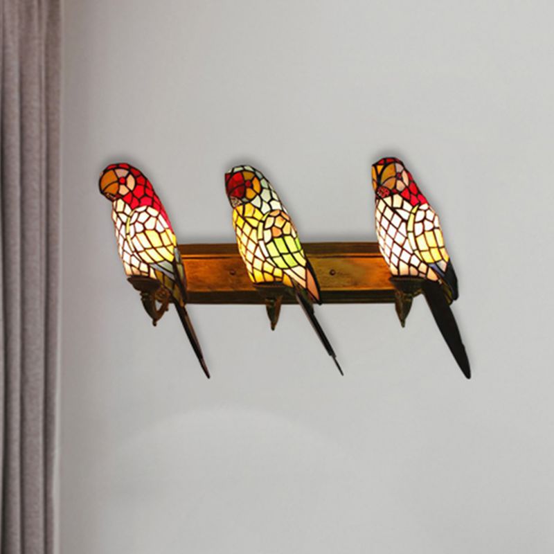 3 Lights Parrot Shaped Wall Lighting Rustic Lodge Stained Glass Sconce Light for Living Room
