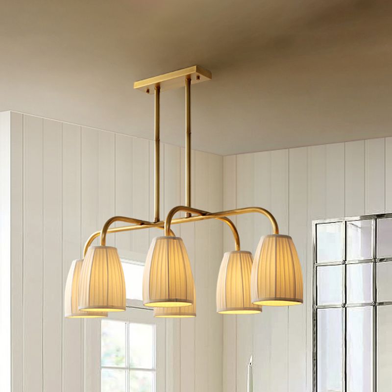 3/6 Bulbs Hanging Chandelier Rural Dress Shaped Pleated Fabric Pendant Ceiling Light in Gold over Dining Table