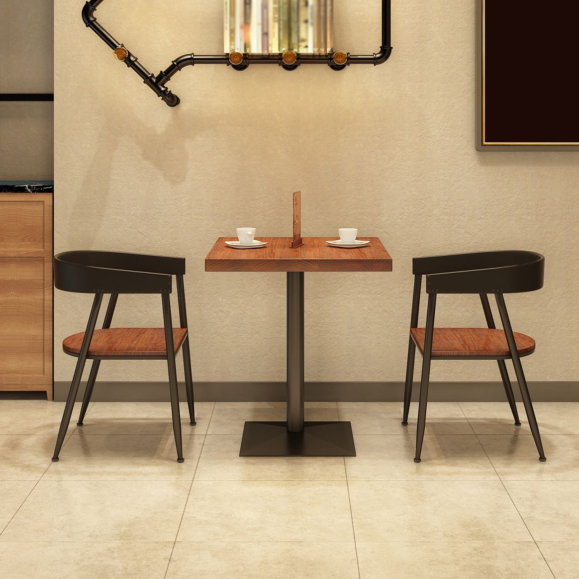 Solid Wood Industrial Style Dining Table Brown Square Table with Metal Base for Dinning Room
