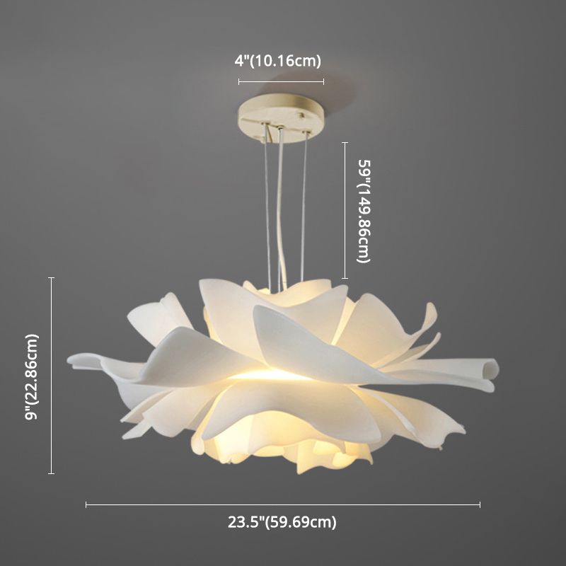 Tulle-Like Floral Chandelier Decorative Plastic Cafe LED Suspension Lighting Fixture in White
