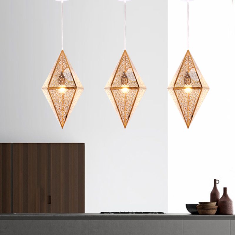 Iluminación de techo de diamantes de 10 "/14" Metal posmoderno 1 Luz de techo colgante de oro claro/oro rosa con jaula de malla de alambre