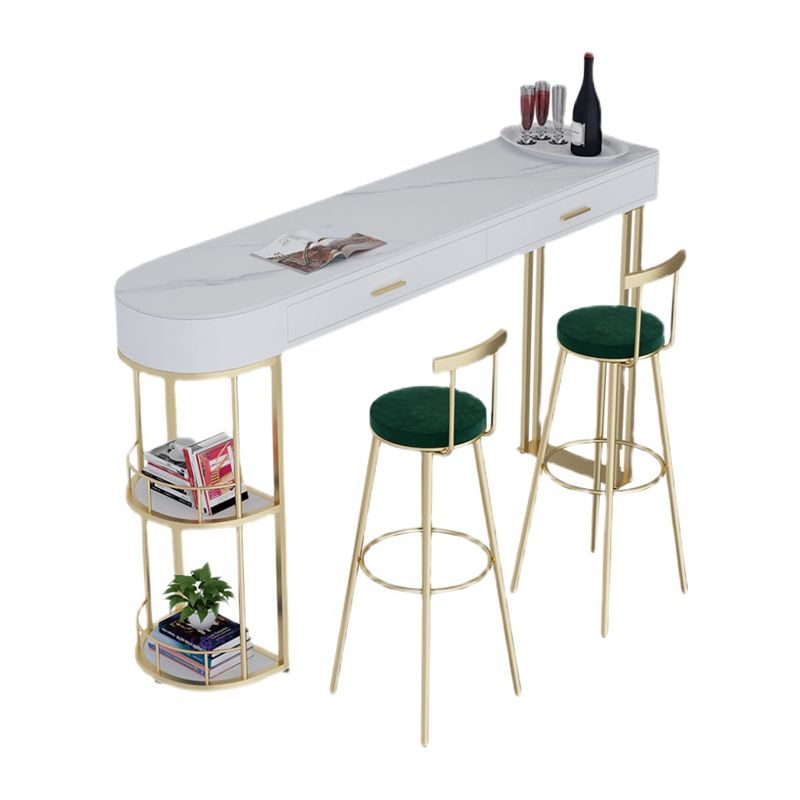 Stone Indoor Glam Bar Dining Table Gold Iron Double Pedestal Bistro Table with Drawer