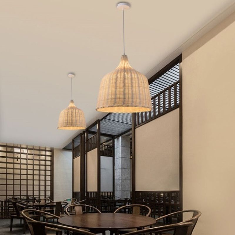 Rattan cloche en forma de péndulo de péndulo contemporáneo 1 bombilla 10 "/14" /23.5 "Lámpara de colgar de color beige de ancho para salón