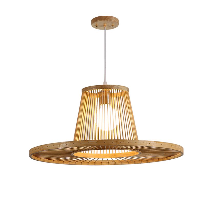 Modern Hat Shaped Pendant Light Bamboo 1 Head Dining Room Pendulum Light in Beige