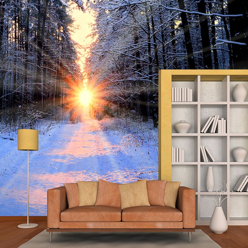 Sunset Snowy Forest Path Mural Modernist Non-Woven Wall Art in Grey for Living Room