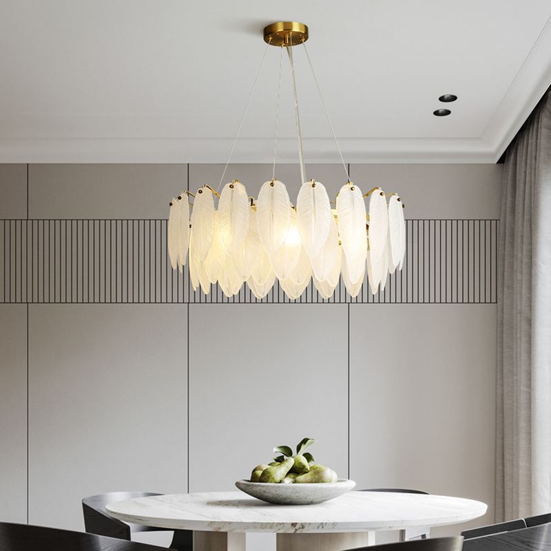 Gold Modern Metal Ceiling Lamp Feather Shape Island Light with Glass Shade for Living Room