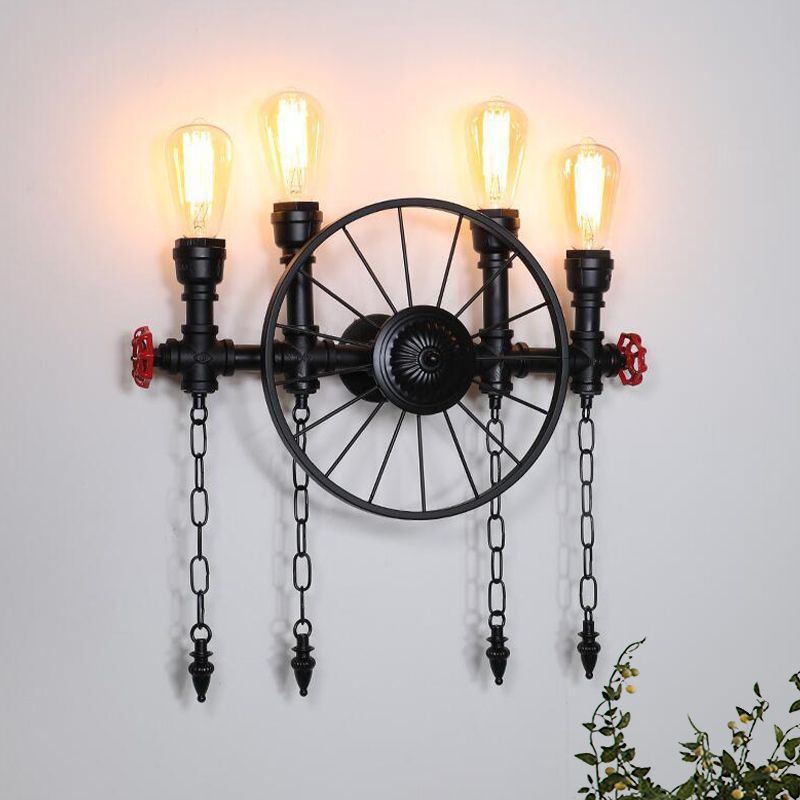Wheel Metal Wall Lighting Fixture Farmhouse 4-Light Corridor Wall Mount Sconce in Black with Chain