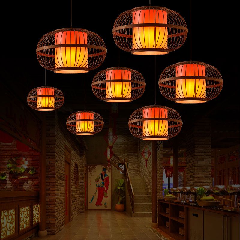 Chinese Style Bamboo Pendant Light Geometric Brown Hanging Pendant for Restaurant