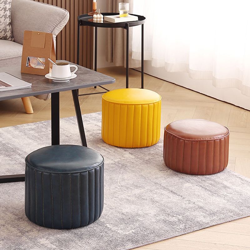 Modern Pouf Ottoman Faux Leather Upholstered Solid Color Cylinder Shape Ottoman