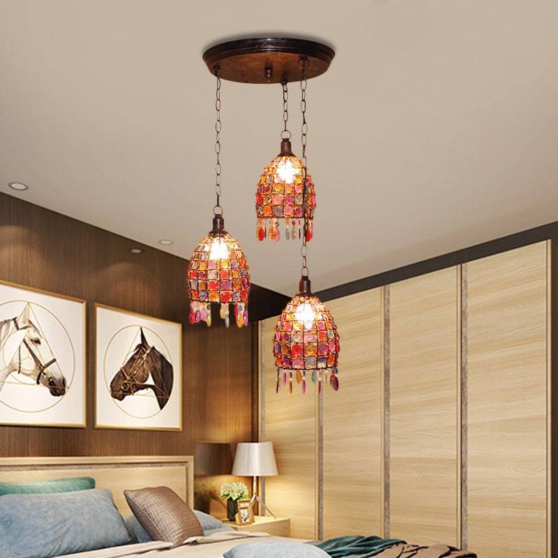 Dome Bedroom Cluster Pendant Light Bohemian Metal 3 Lights Rust Hanging Lamp with Round/Linear Canopy