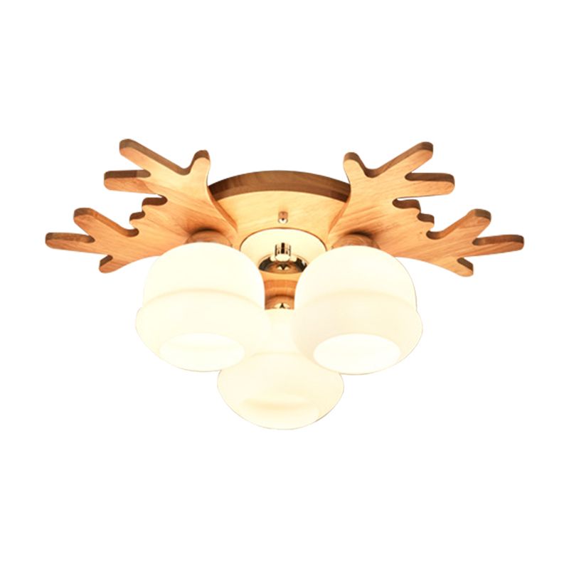 White Bud Shade Ceiling Mount Light with Beige Antlers Lovely Wooden Ceiling Lamp for Kid Bedroom